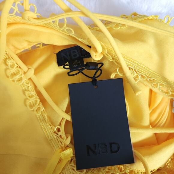 NBD Revolve Chels Halter Lace-Up Back Mini Dress Yellow Lattice Cutout S NWT - Picture 12 of 12